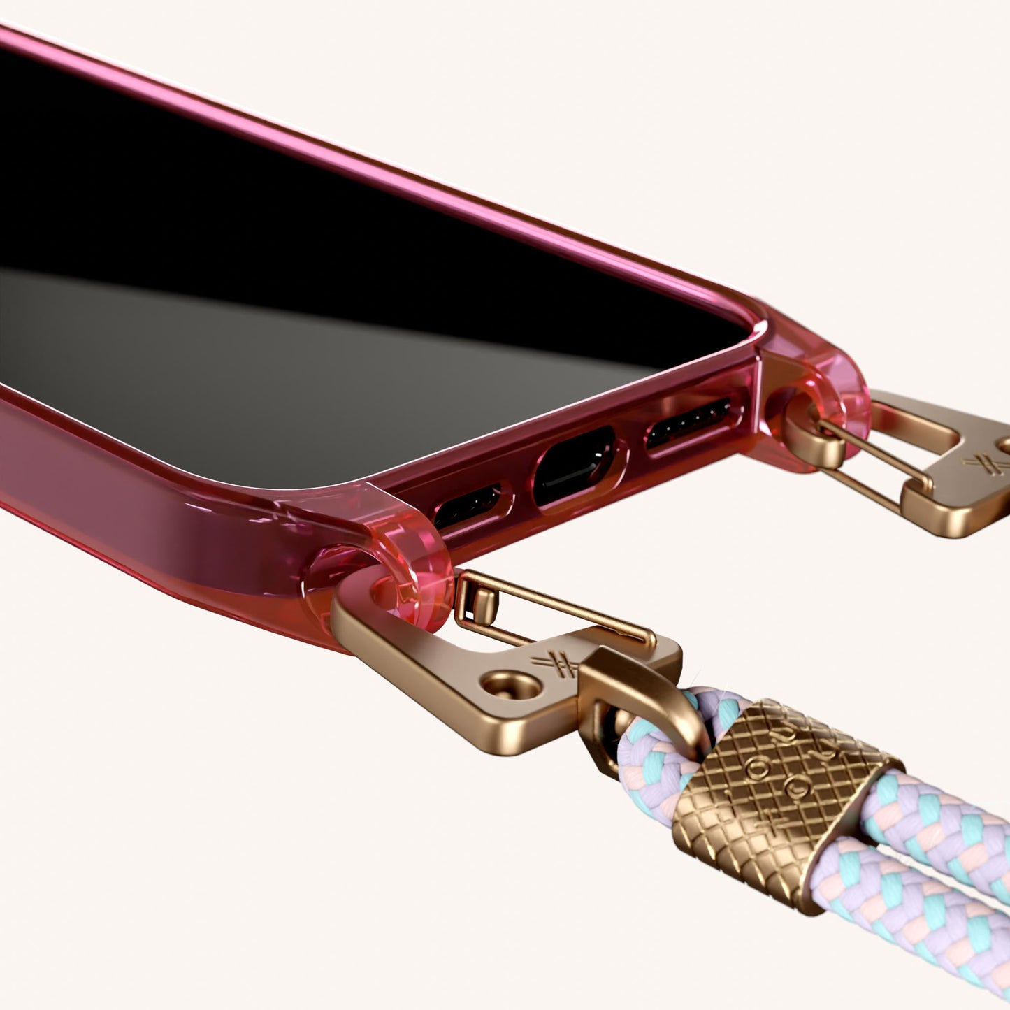 Phone Necklace with Carabiner Rope in Cyber Pink Clear + Vibrant Pastel